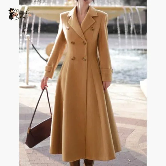 Wool Blended Long Coat Double Breasted Trench Overcoat with Pockets
